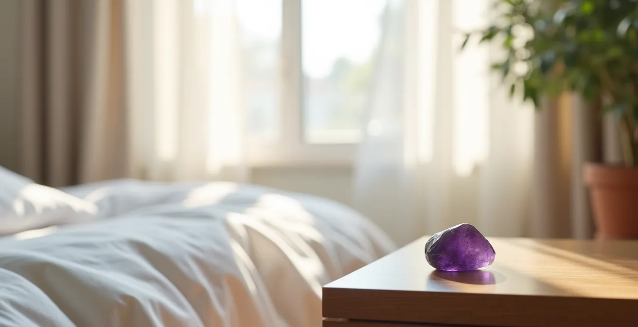 Pequeño canto rodado de amatista en mesita de noche junto a ambiente sereno de dormitorio