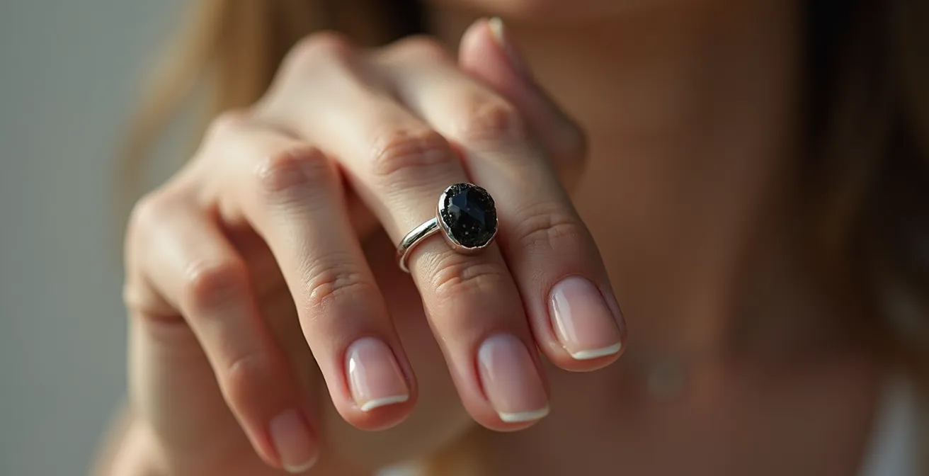 Mano tocando discretamente anillo de protección con turmalina negra