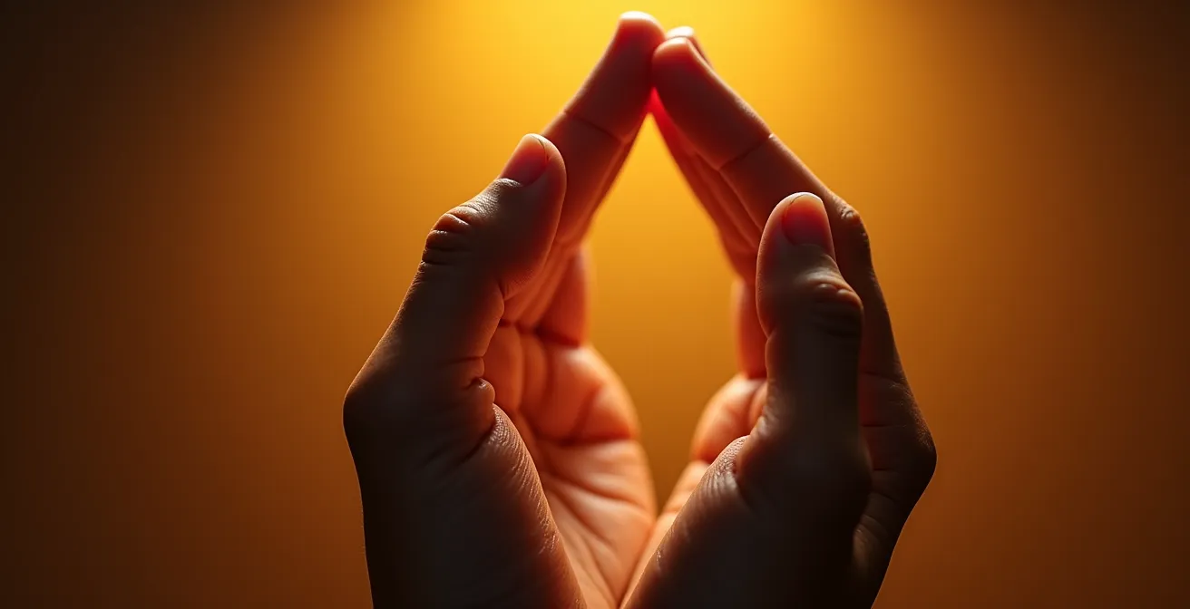 Manos en posición de mudra con ondas energéticas táctiles que representan el anclaje somático.