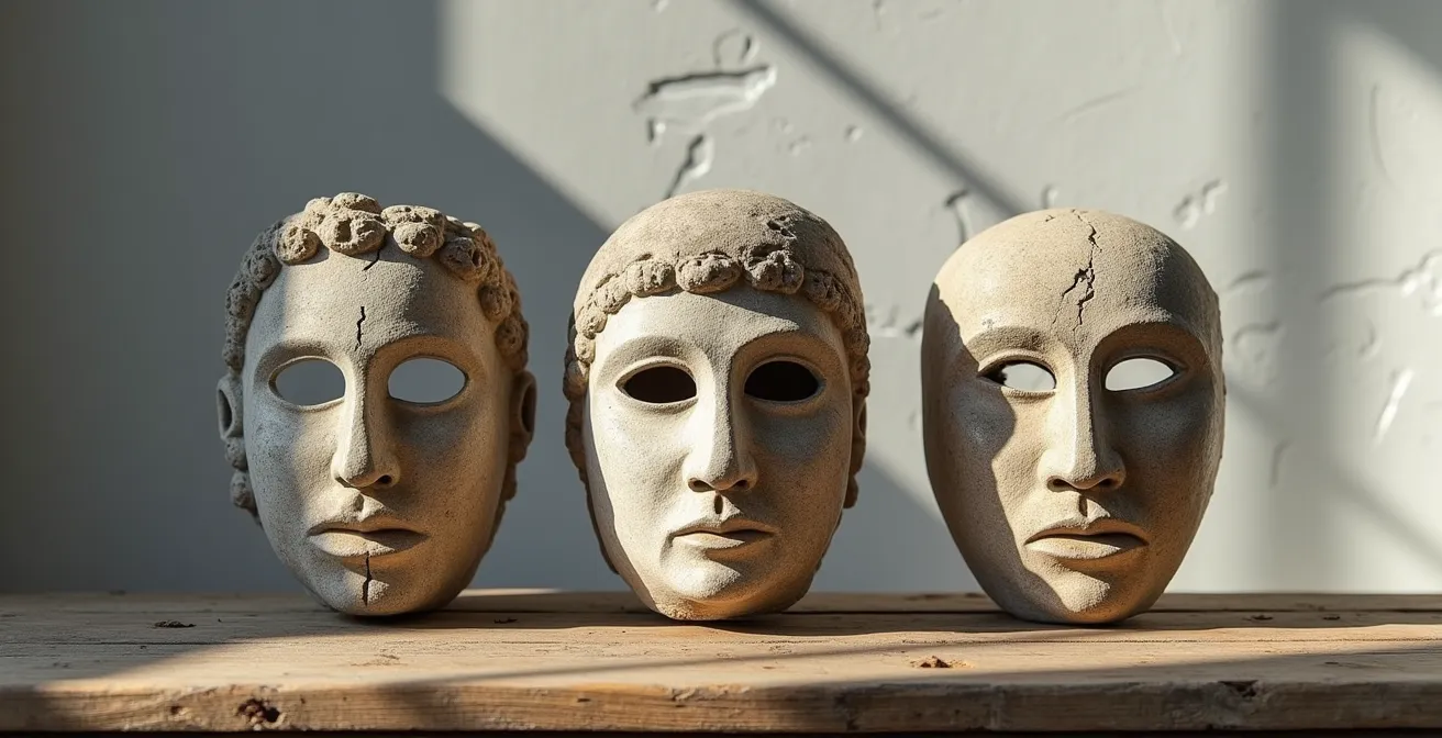 Máscaras simbólicas representando arquetipos del Huérfano, Héroe y Sanador Herido