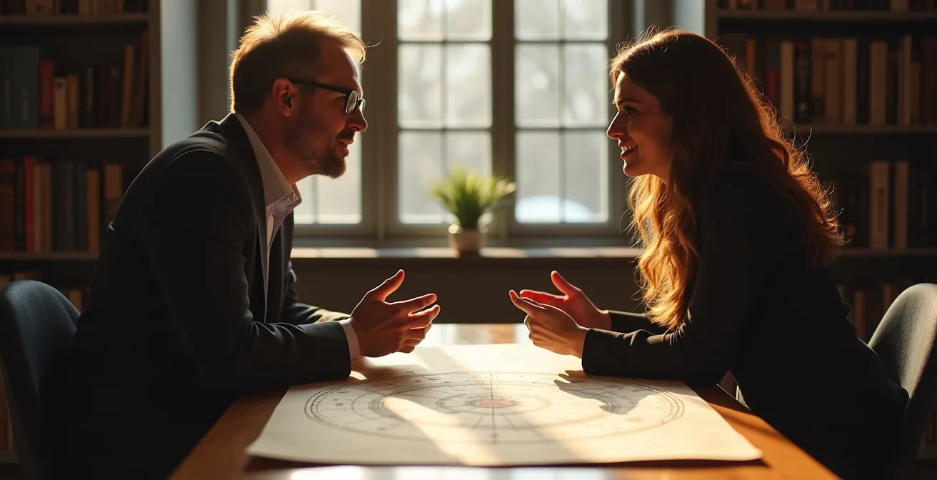 Astrólogo y consultante en conversación profunda con mapas astrales abstractos de fondo