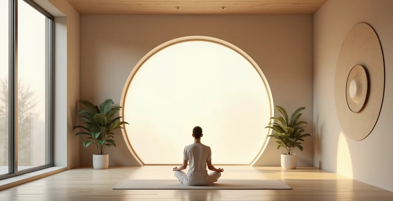 Espacio de consulta sereno y minimalista con un astrólogo en posición meditativa entre sesiones