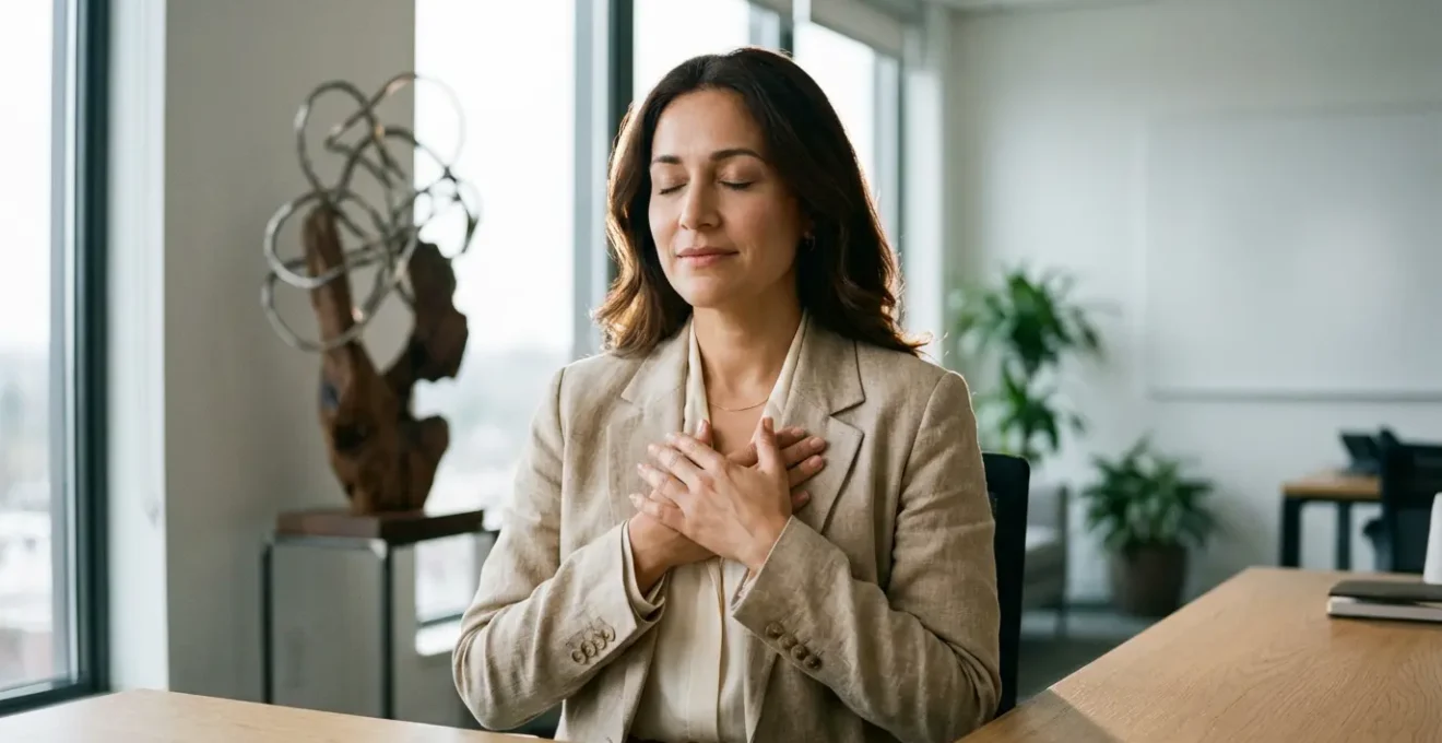 Profesional practicando auto-Reiki discretamente en ambiente de oficina moderna con luz natural