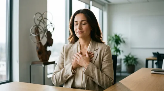 Profesional practicando auto-Reiki discretamente en ambiente de oficina moderna con luz natural