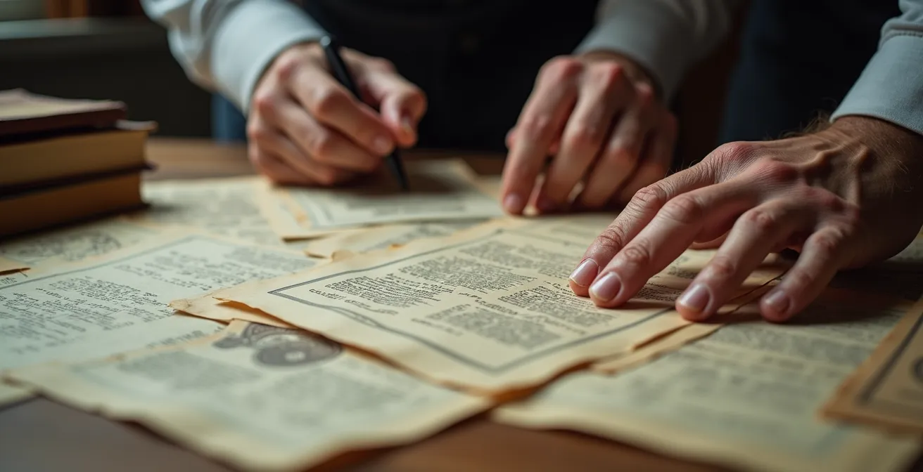 Manos explorando documentos antiguos y certificados en una mesa de madera iluminada por luz natural