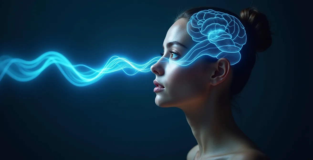 Persona con ondas cerebrales visibles transitando de estado beta a alfa sin perder consciencia