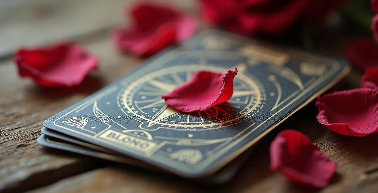 Primer plano macro de las cartas La Torre y La Muerte del tarot sobre superficie de madera con pétalos secos dispersos