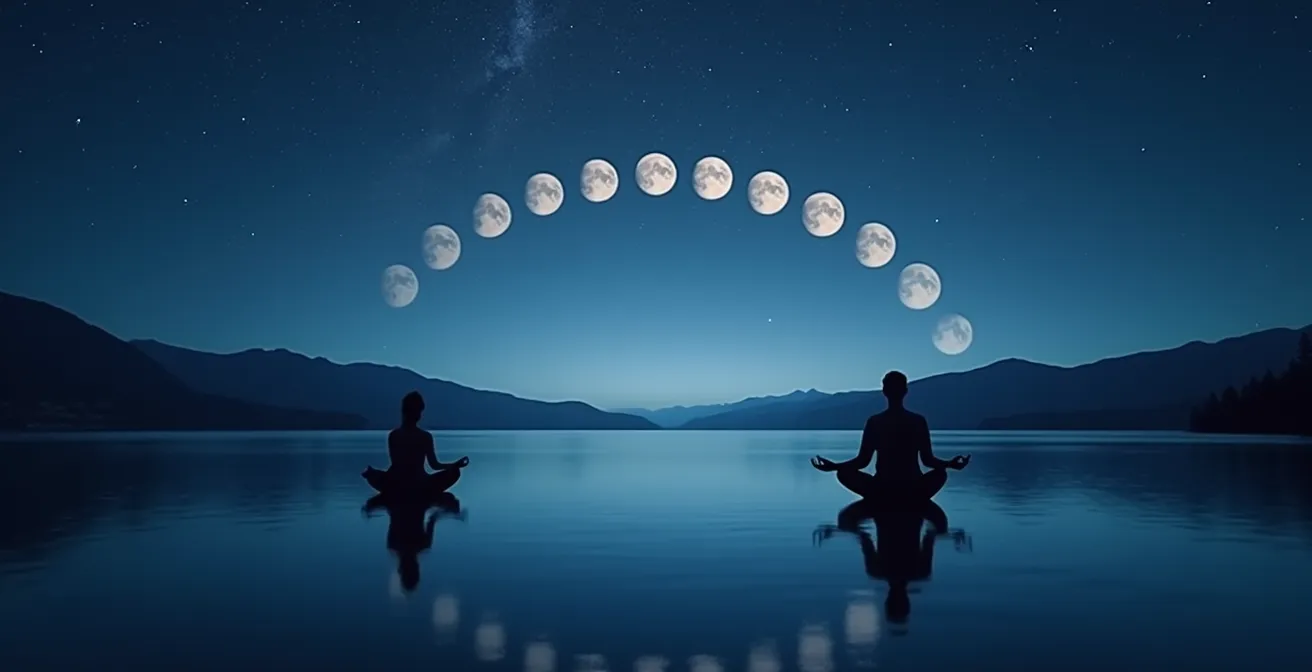 Fases lunares reflejándose en agua tranquila con dos siluetas meditando