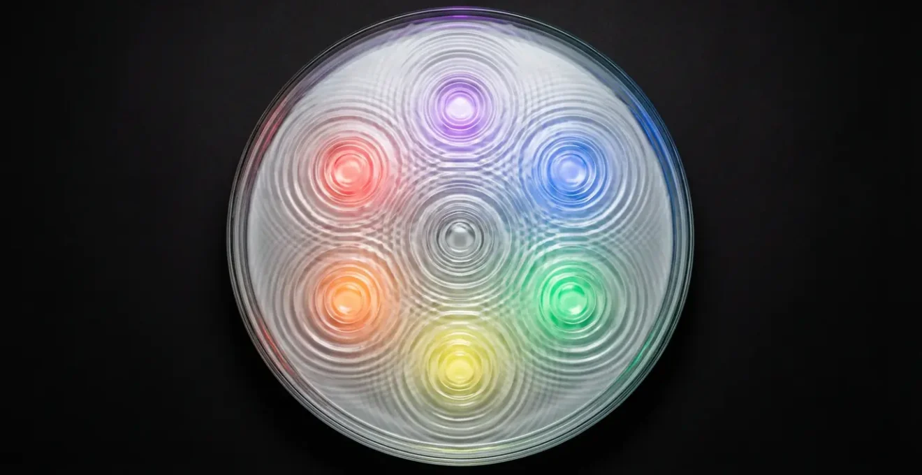 Patrones geométricos creados por vibraciones sonoras en agua, mostrando formas mandálicas concéntricas