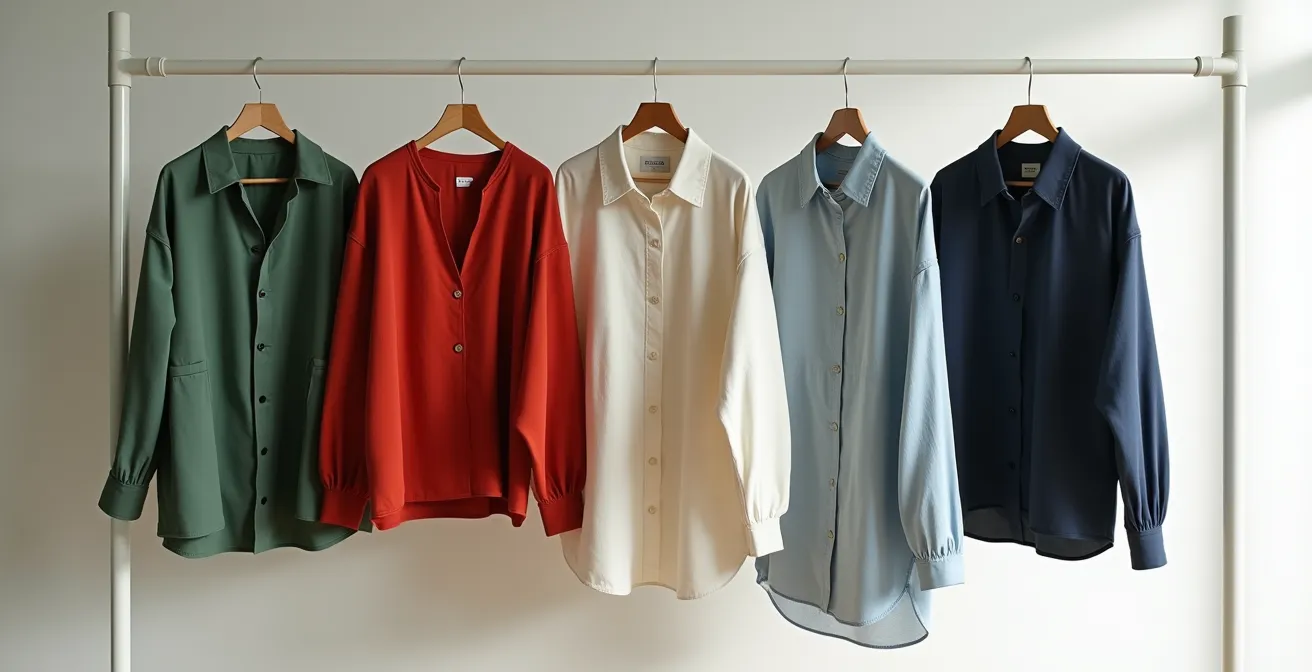 Composición de prendas de vestir organizadas por colores representando los cinco elementos del feng shui