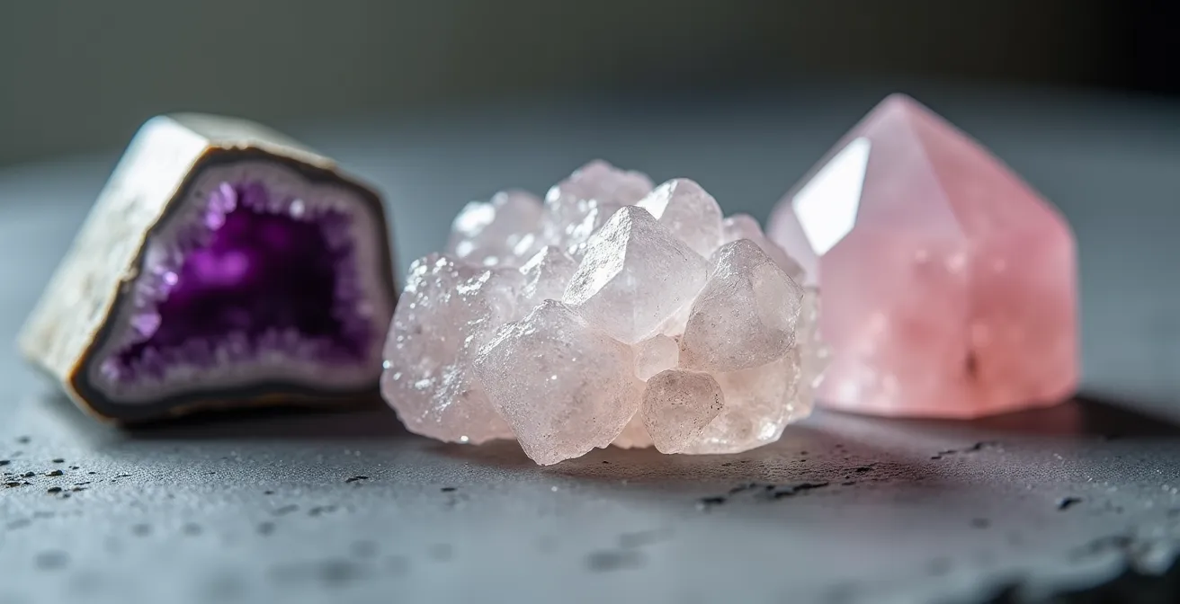Comparación visual entre geoda abierta, drusa de cristal y piedra pulida mostrando diferentes formas de emanación energética