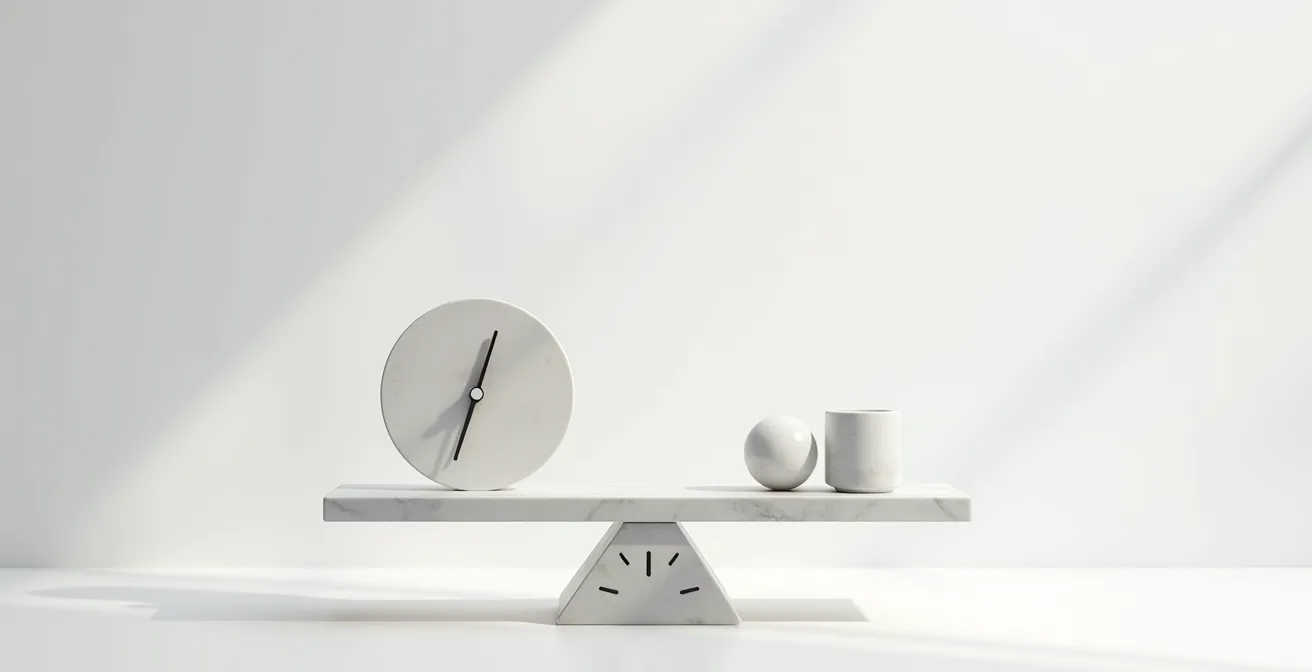 Balanza equilibrando diferentes símbolos de tiempo y dinero en consulta de videncia