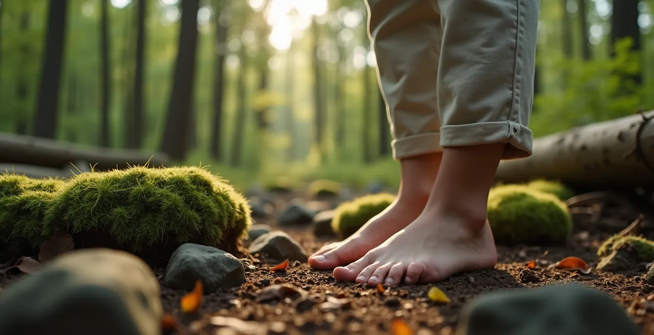 Persona descalza tocando musgo sobre roca con luz filtrada entre hojas de bosque