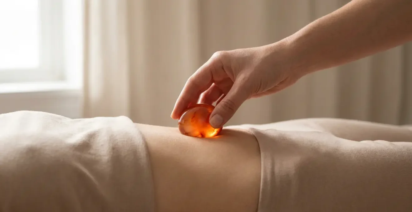 Mano sosteniendo cornalina naranja pulida con luz natural atravesando la piedra translúcida