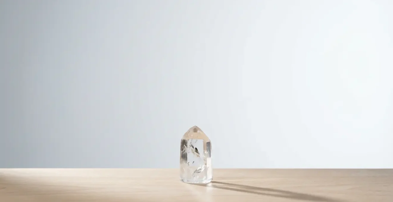 Cristal de cuarzo transparente mostrando patrones de luz internos como memoria holográfica de intenciones