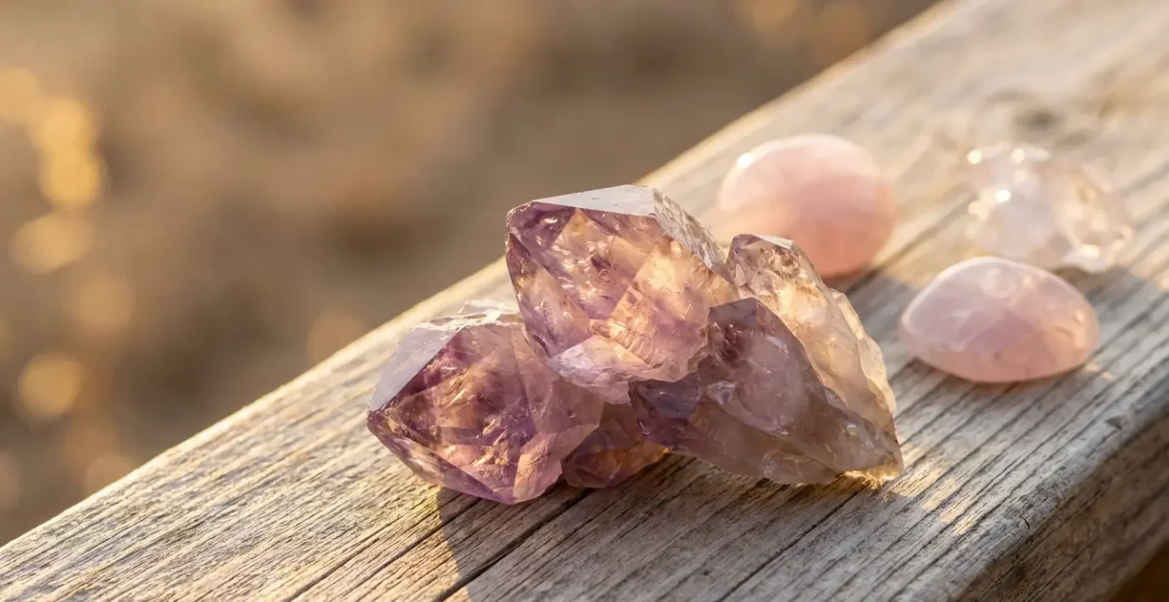 Cristales de amatista y cuarzo rosa sobre superficie natural de madera con luz dorada suave