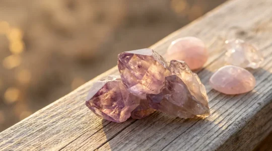 Cristales de amatista y cuarzo rosa sobre superficie natural de madera con luz dorada suave