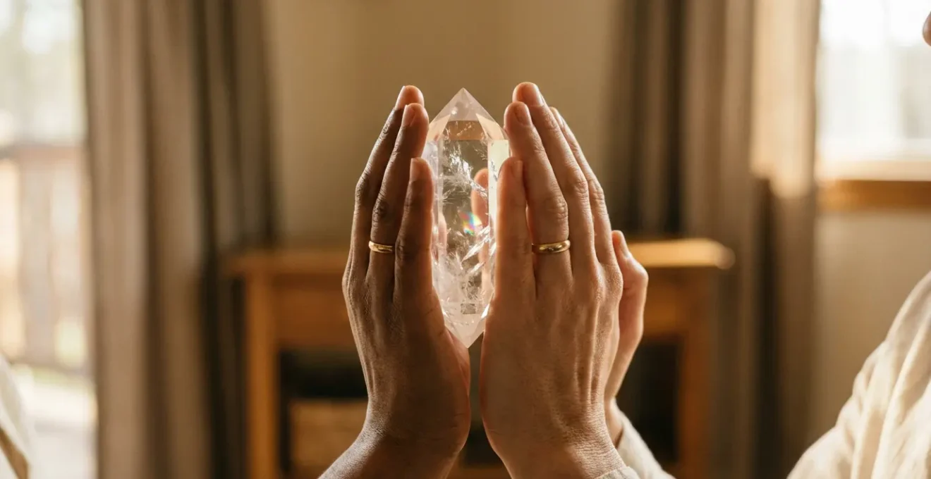 Cuarzo biterminado sostenido entre dos manos unidas en meditación