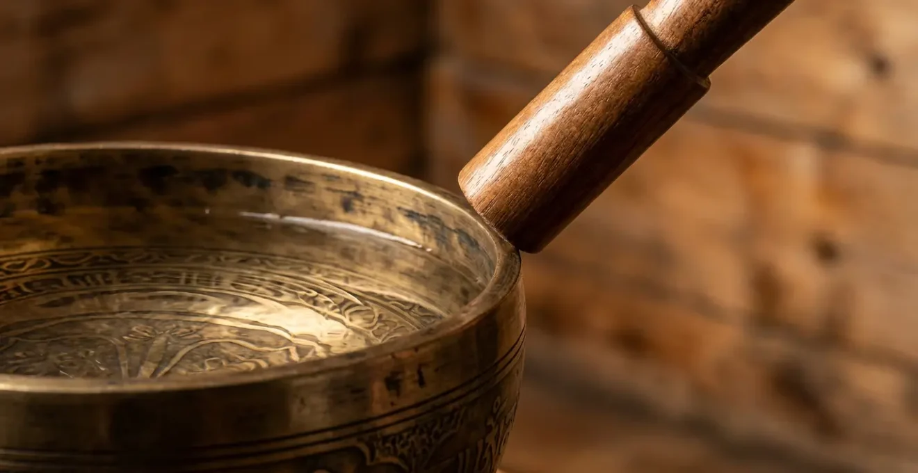 Cuenco tibetano emitiendo ondas vibratorias en esquina de habitación