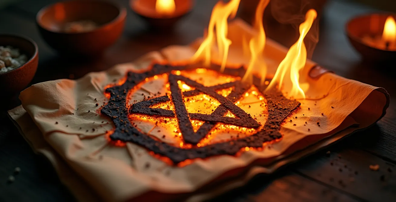 Ritual de destrucción de un sigilo mediante fuego con elementos naturales alrededor