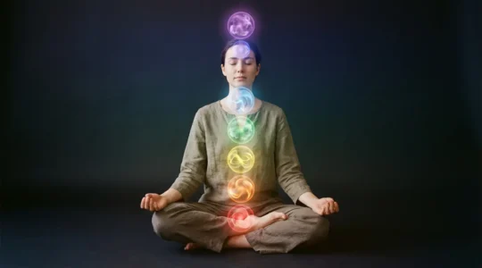 Persona en posición de meditación con representación simbólica de los siete chakras a través de luces de colores que fluyen por el cuerpo