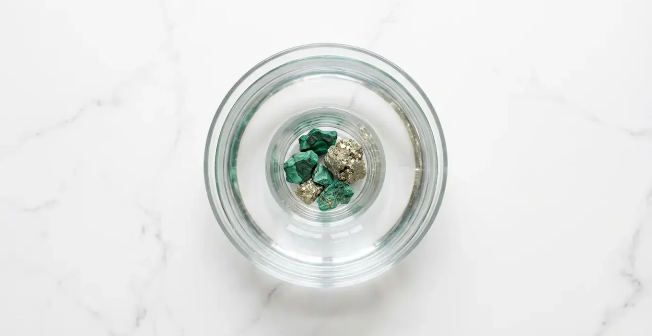 Vaso de cristal dentro de recipiente mayor con agua y cristales alrededor en composición minimalista