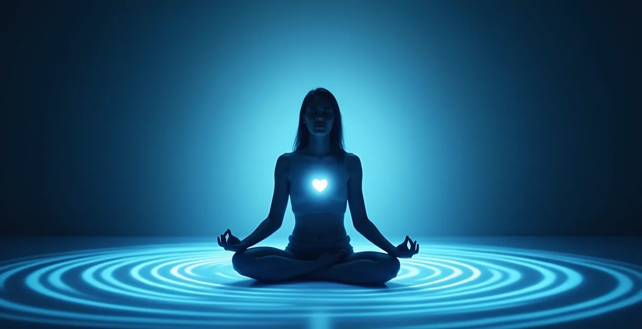 Representación visual de ondas electromagnéticas sutiles emanando de una persona en meditación