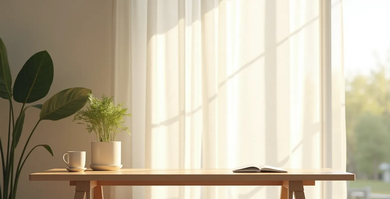 Espacio de trabajo minimalista con elementos naturales para micro-meditación, evocando calma.