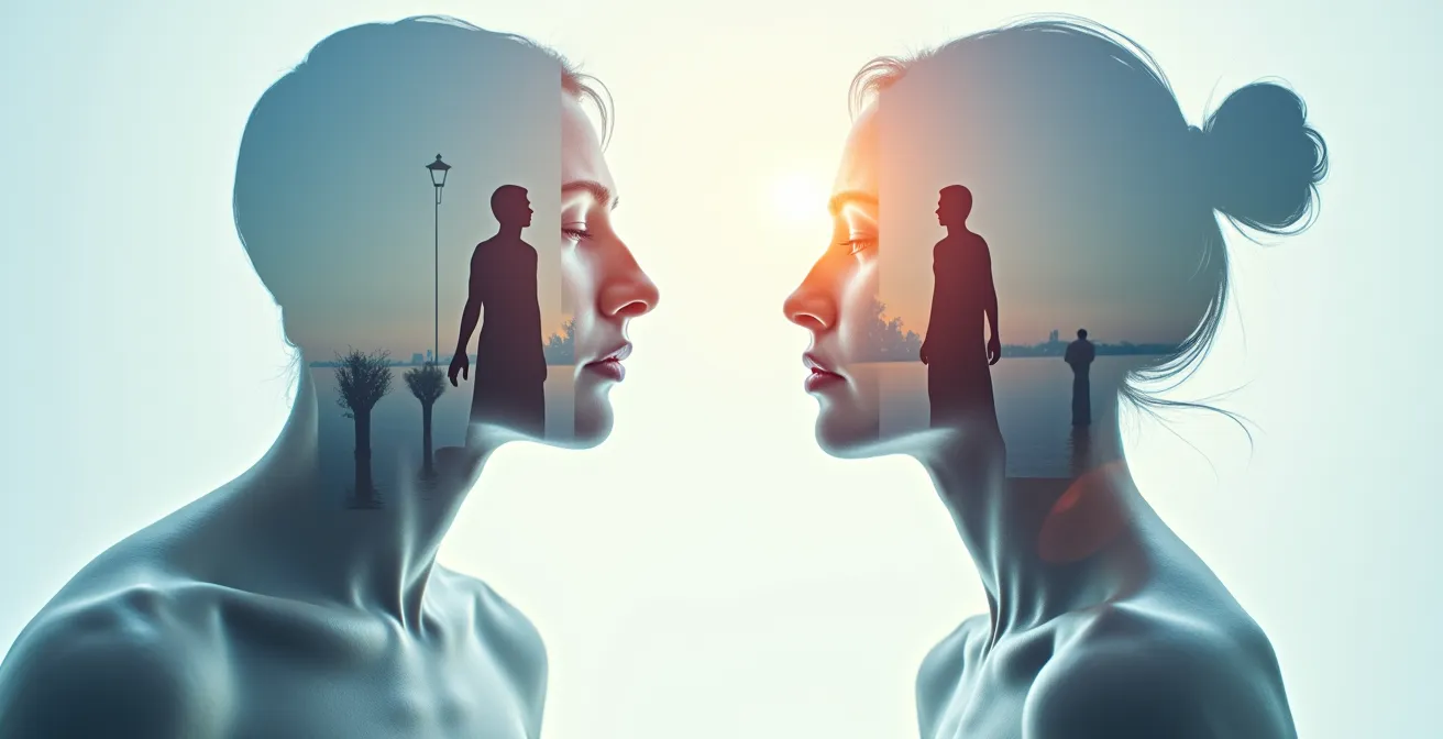 Dos figuras translúcidas separadas por un espejo fragmentado que refleja múltiples realidades posibles