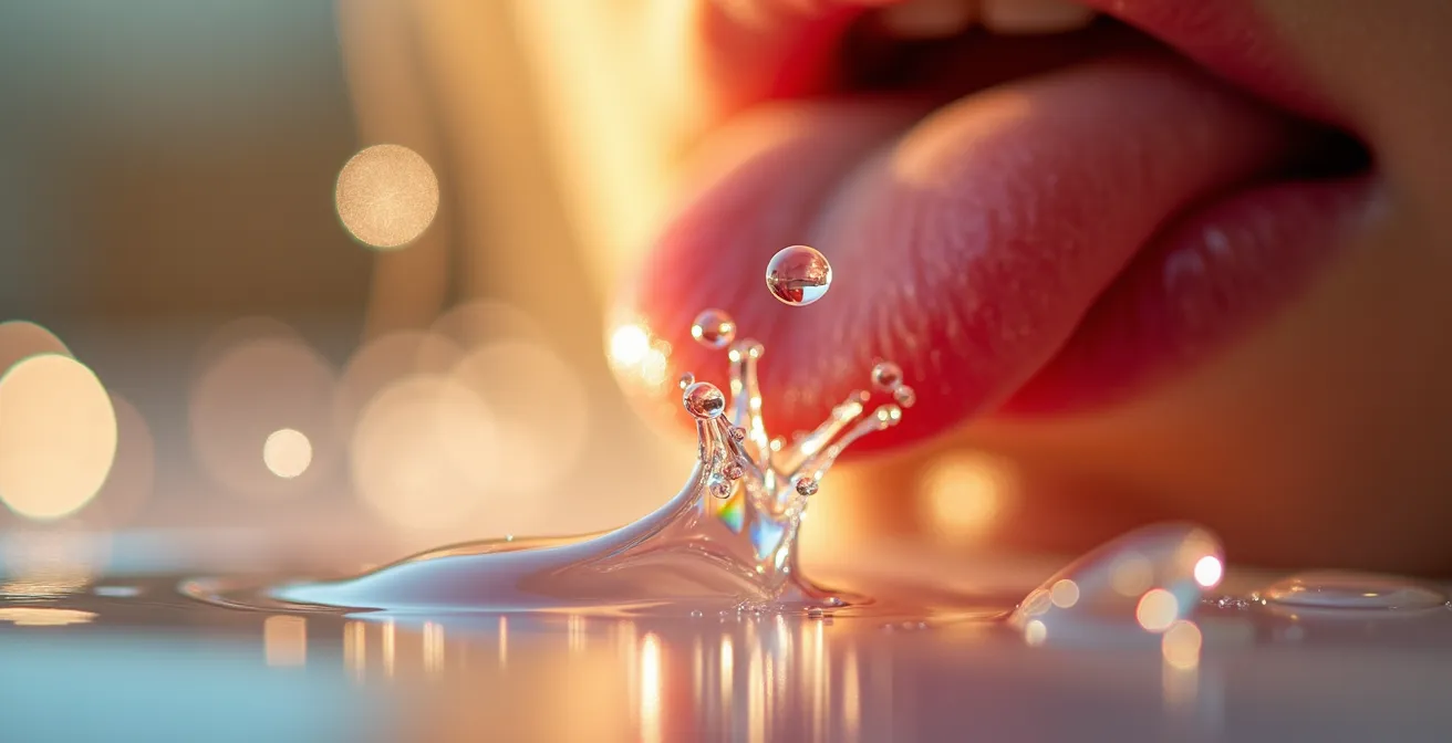 Gotas cayendo sobre la lengua creando ondas circulares de calma