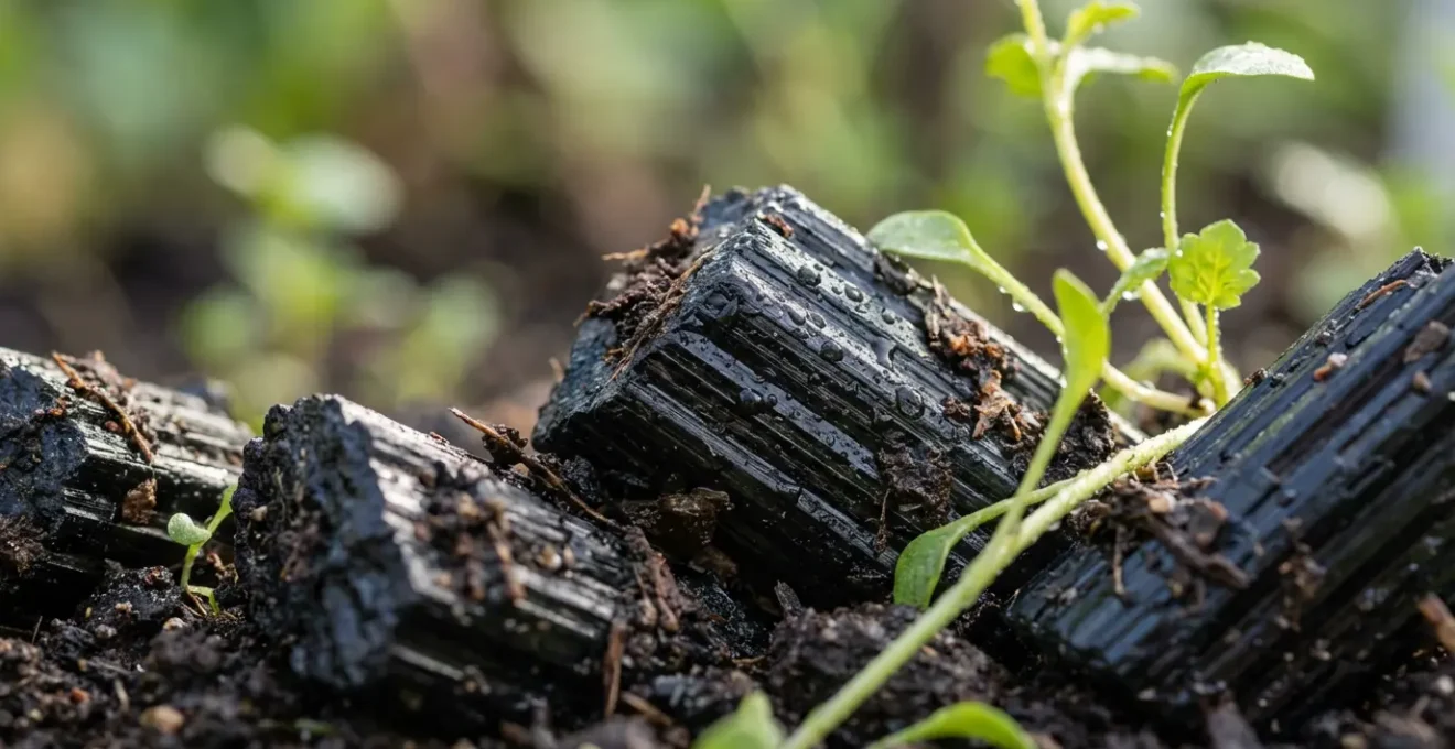 Fragmentos de turmalina negra enterrados parcialmente alrededor de plantas en jardín
