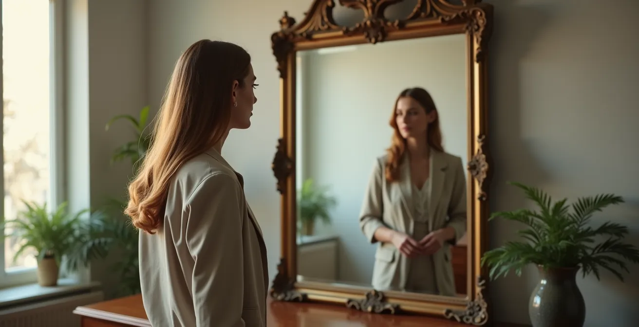 Persona en traje profesional mirándose en espejo que refleja su esencia personal