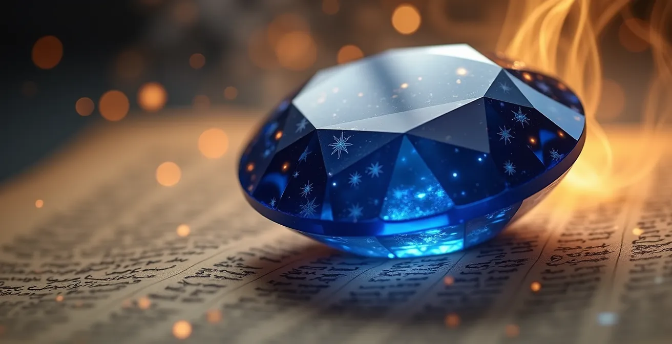 Composición de gemas astrológicas y elementos para remedios védicos mostrando resonancia vibracional