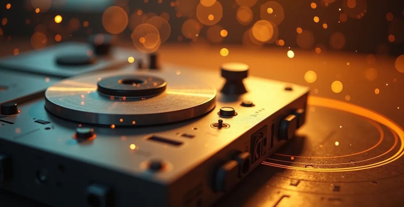 Grabadora vintage rodeada de ondas sonoras luminosas formando patrones geométricos sagrados