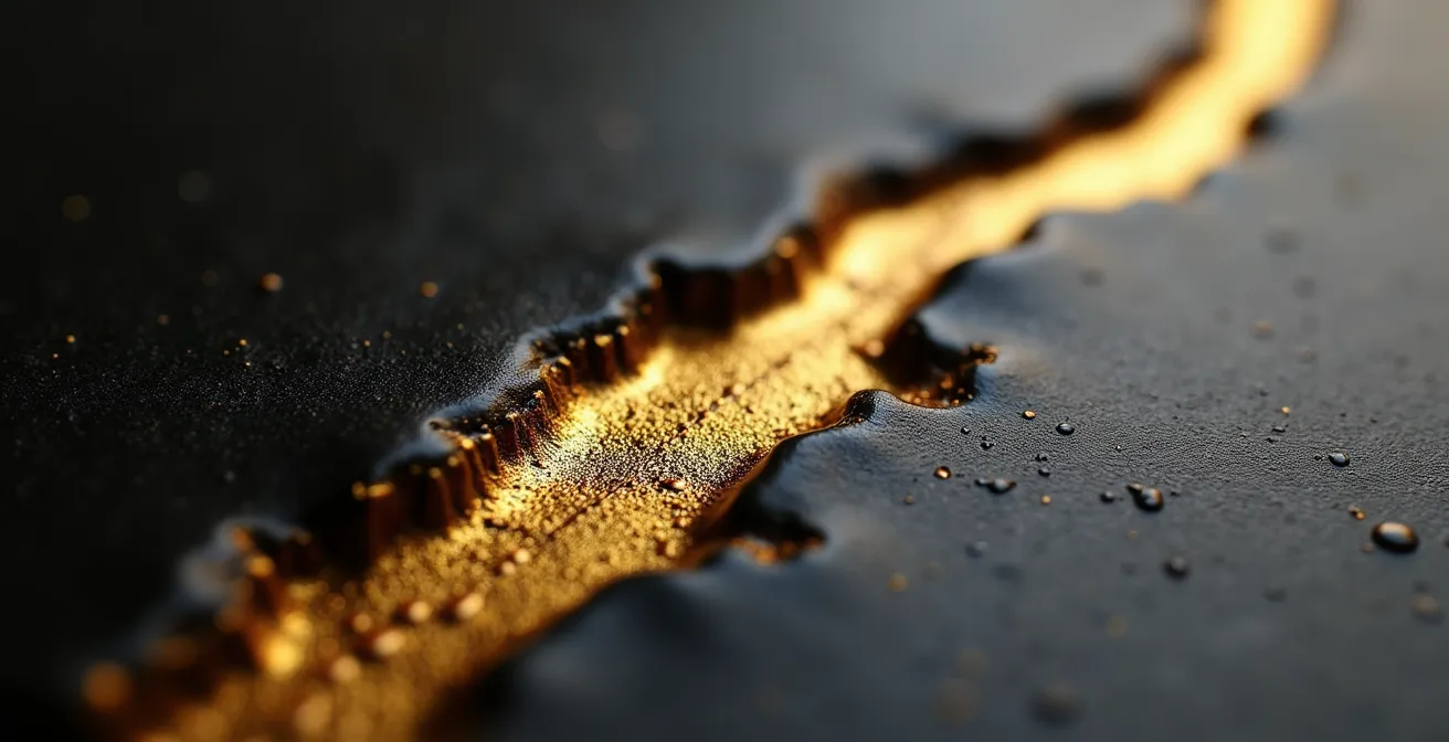 Metáfora visual de la transformación de la herida en don dorado, con una línea de oro reparando cerámica oscura