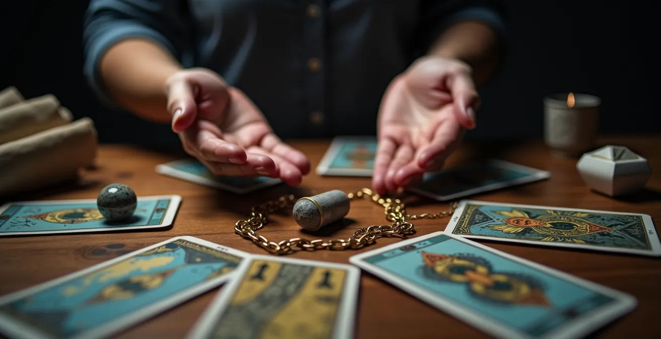 Vista cenital de mesa con múltiples herramientas espirituales dispuestas en círculo