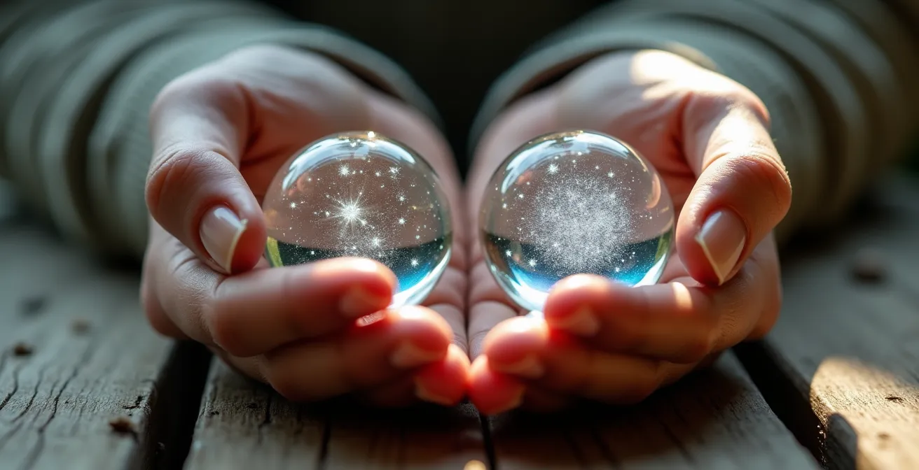 Manos sosteniendo cristales con reflejos de constelaciones y patrones geométricos superpuestos