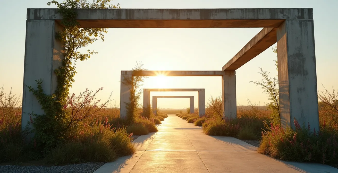 Composición simbólica mostrando el equilibrio entre estructura geométrica y elementos fluidos naturales