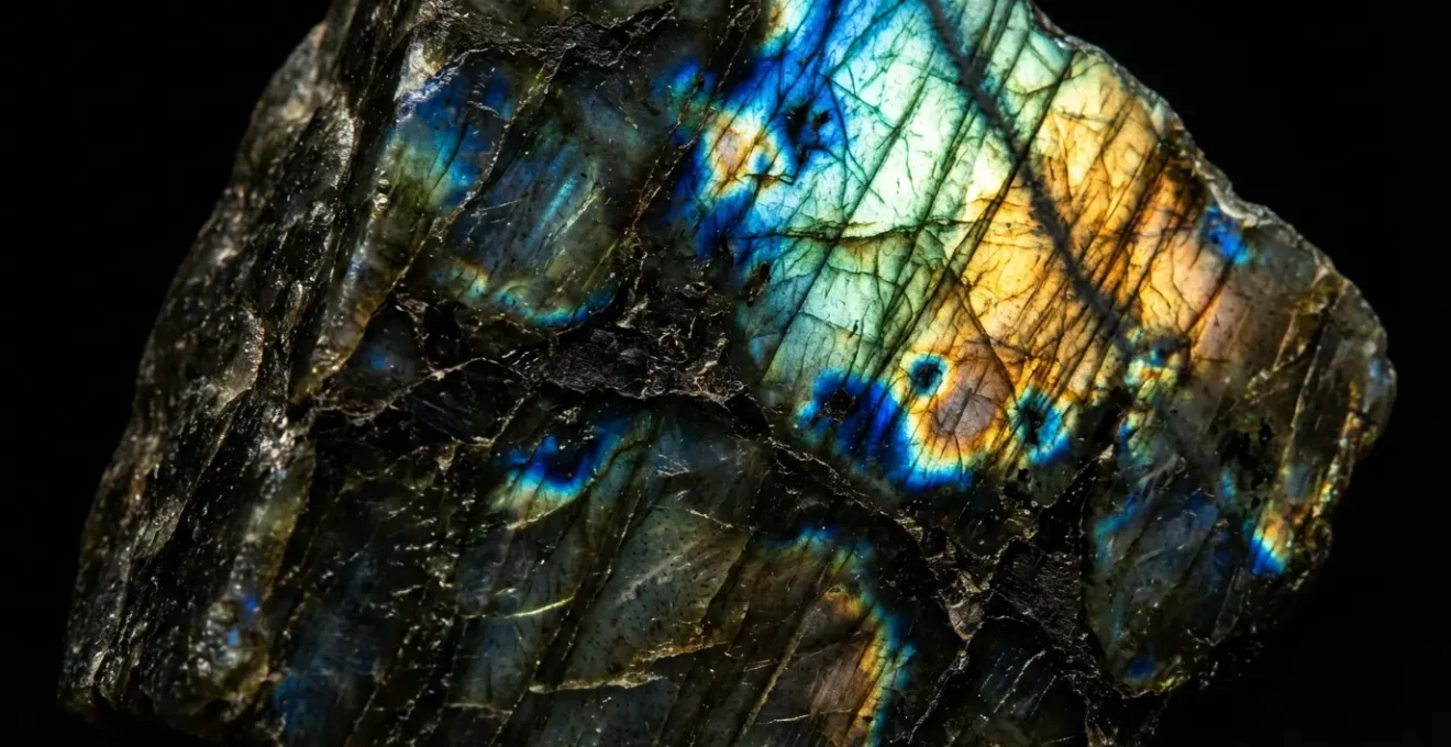 Labradorita creando campo protector iridiscente para terapeutas