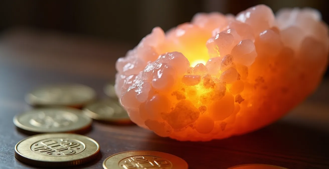 Lámpara de sal del Himalaya iluminada en un ambiente zen con elementos naturales