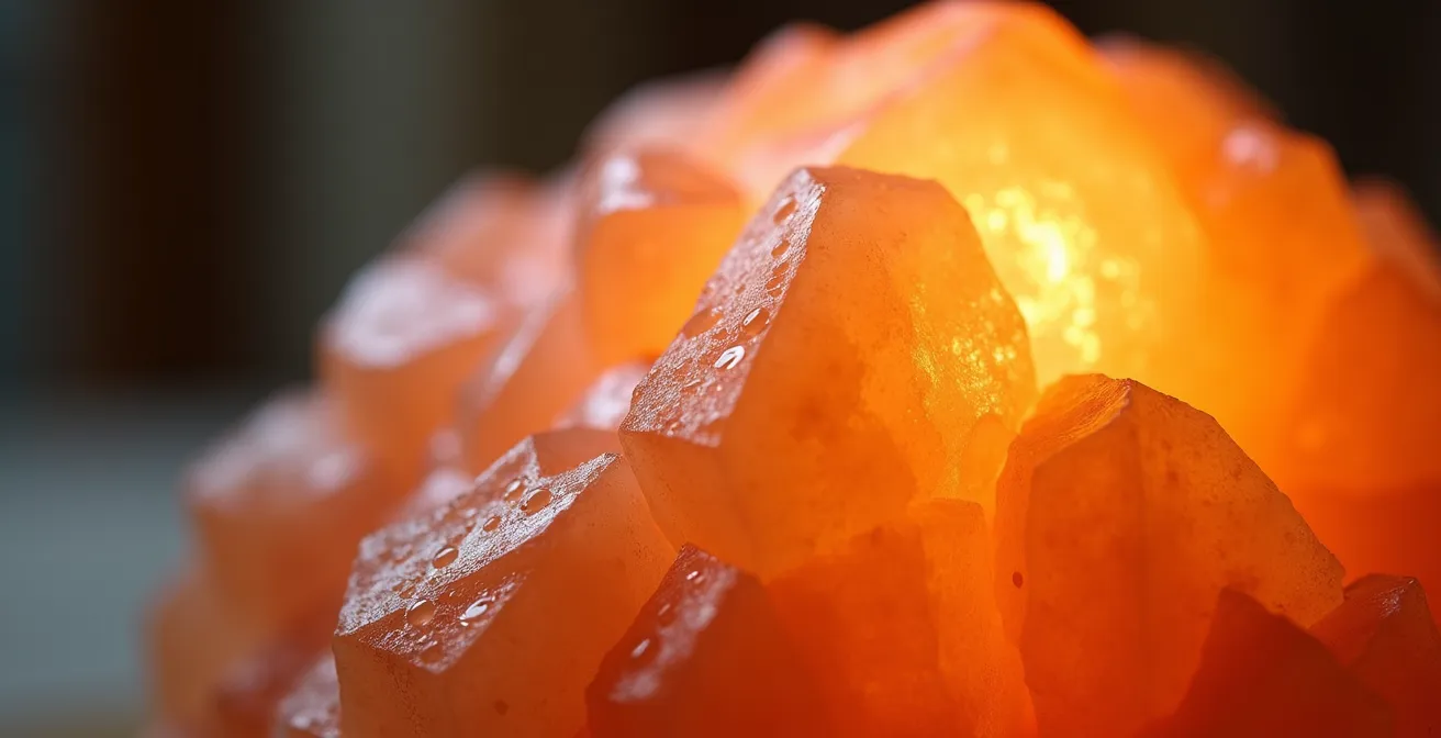 Lámpara de sal del Himalaya iluminada con brillo cálido anaranjado en mesita de noche