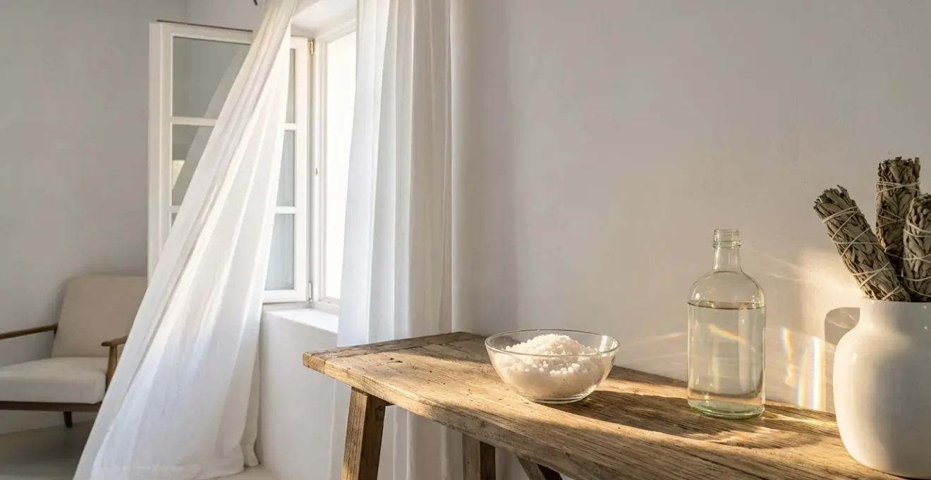 Ritual de limpieza energética con sal marina y vinagre en un interior hogareño
