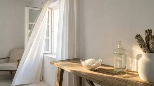 Ritual de limpieza energética con sal marina y vinagre en un interior hogareño