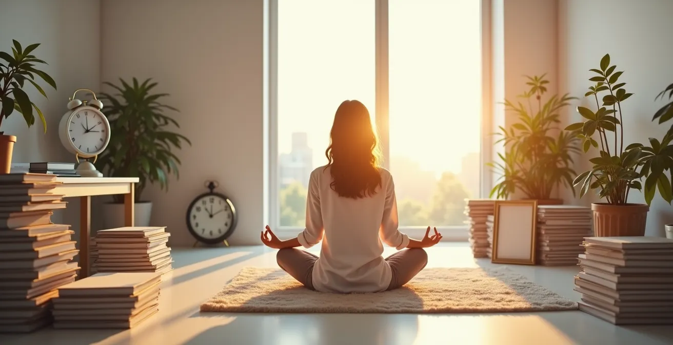 Espacio de trabajo minimalista con elementos de meditación durante Luna Vacía de Curso