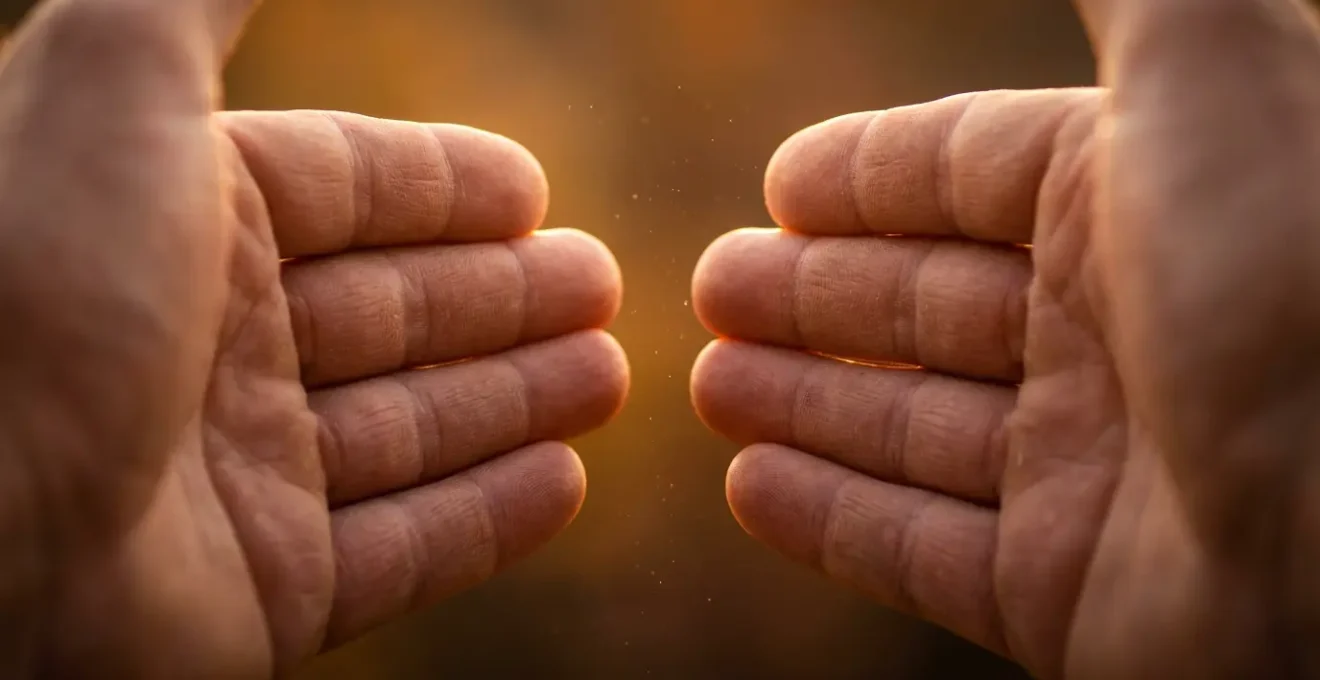 Manos en posición de Reiki mostrando el flujo energético invisible a través de efectos de luz