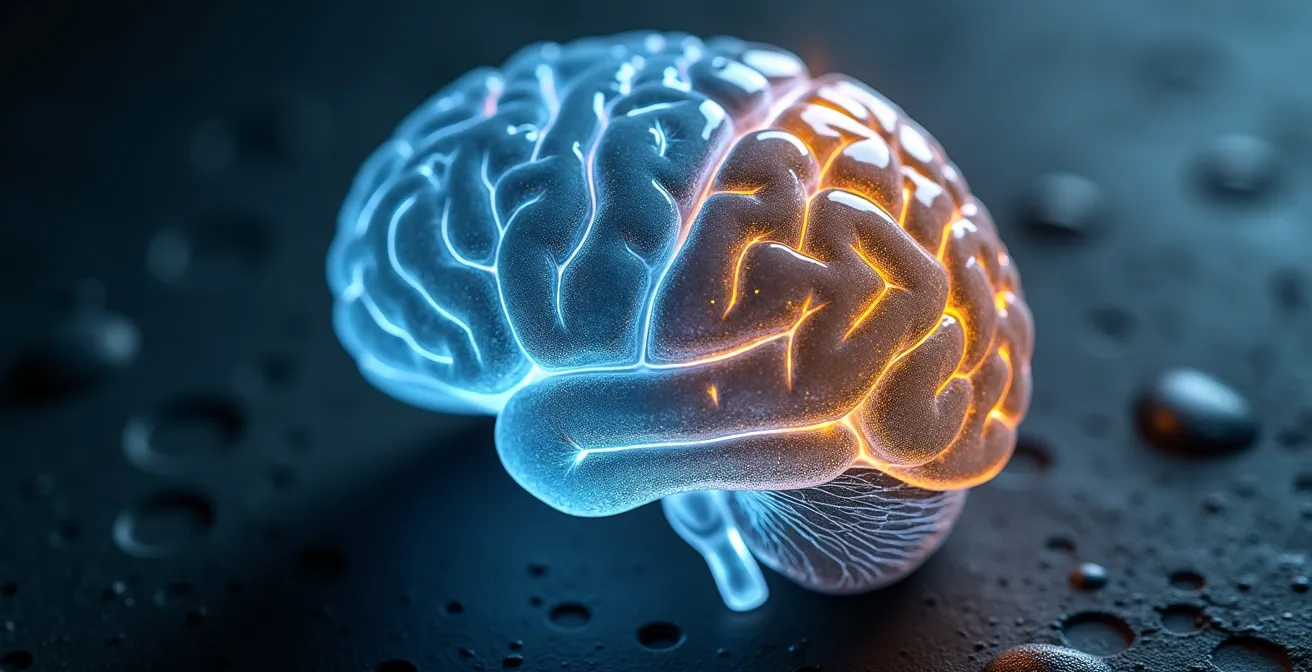 Vista superior de un cerebro humano con el hemisferio derecho iluminado en tonos dorados mostrando ondas de energía intuitiva