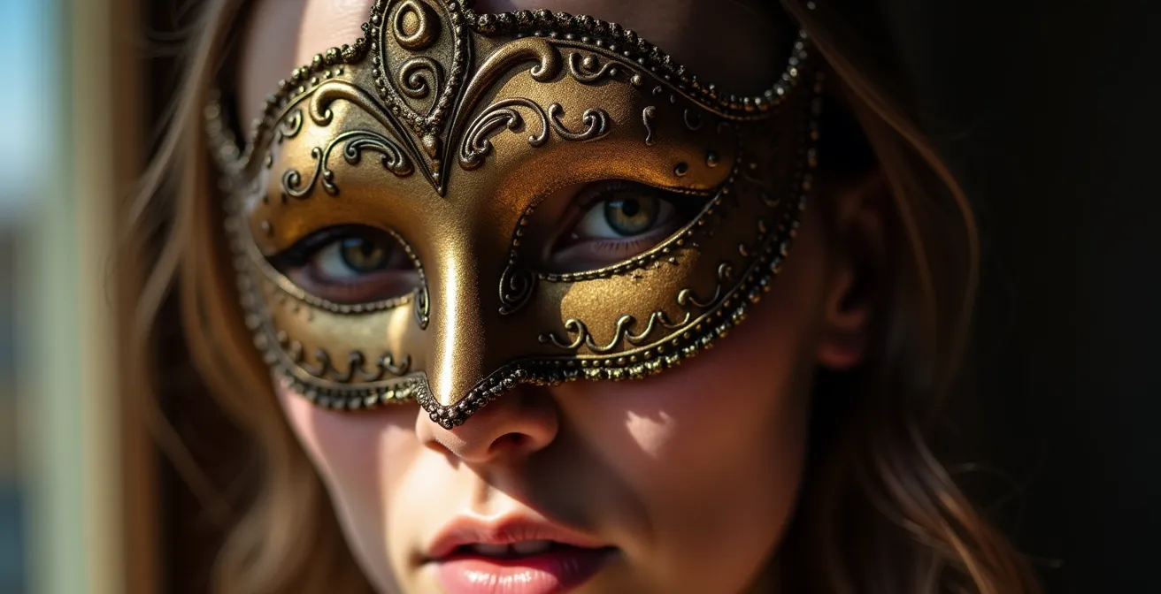 Reflejo múltiple de rostro con diferentes máscaras simbólicas representando arquetipos