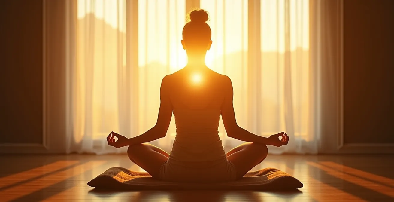 Persona en meditación con aura de luz dorada emanando del centro del pecho, ambiente sereno