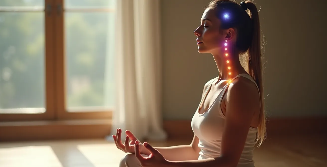 Persona meditando con visualización de chakras desde raíz hasta tercer ojo