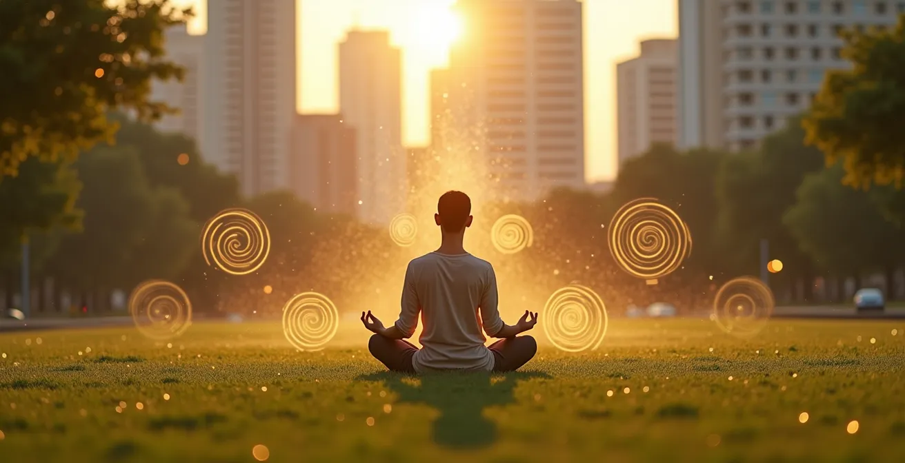 Persona meditando en un parque urbano con ondas sonoras visibles transformándose en patrones de luz armoniosos